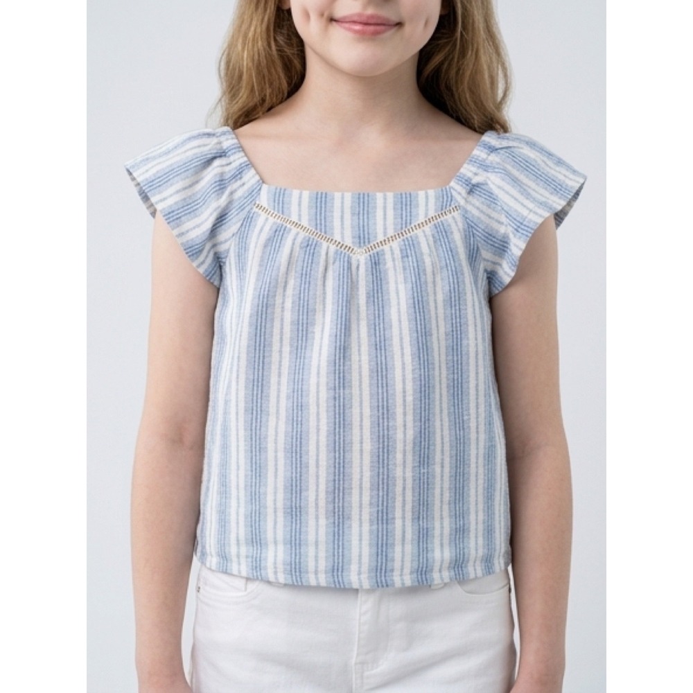 Btween Striped Flutter Sleeve Top Kids Size‎ 5 Blue White Excellent Linen Blend